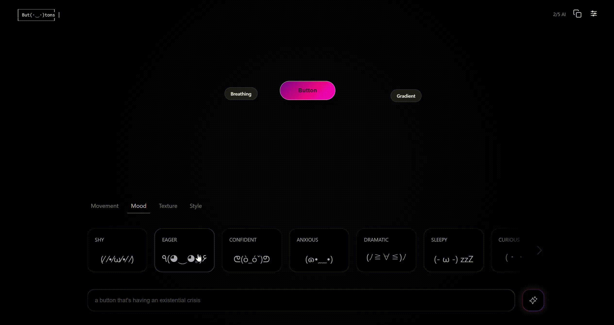 Opening concept animation – buttons shifting through different personalities, motion styles, and visual characters